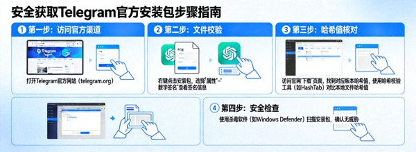 安全获取Telegram官方安装包步骤图，显示文件校验、哈希值核对与安全检查环节