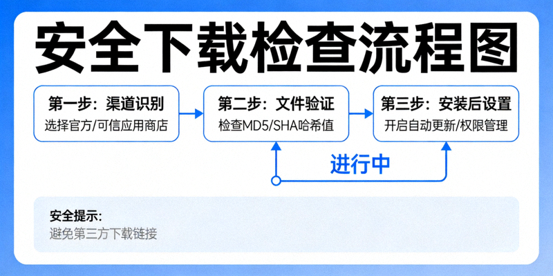 安全下载检查流程图：从渠道识别、文件验证到安装后设置的全过程