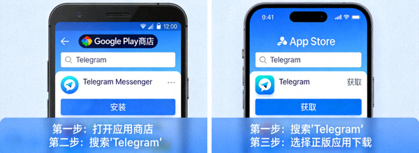 安卓手机和苹果iPhone下载Telegram正版应用界面示意图，对比展示两个应用商店的搜索过程