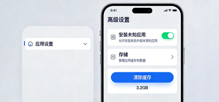 安卓手机设置中允许未知来源安装和清除应用缓存的界面示意图