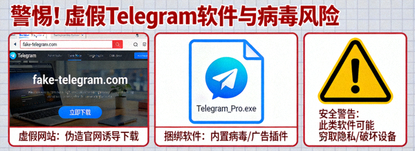 避免下载到病毒和山寨Telegram软件的警示图，显示虚假网站、捆绑软件与安全警告标识