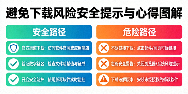 避免下载风险的安全提示与心得图解，显示安全与危险路径对比