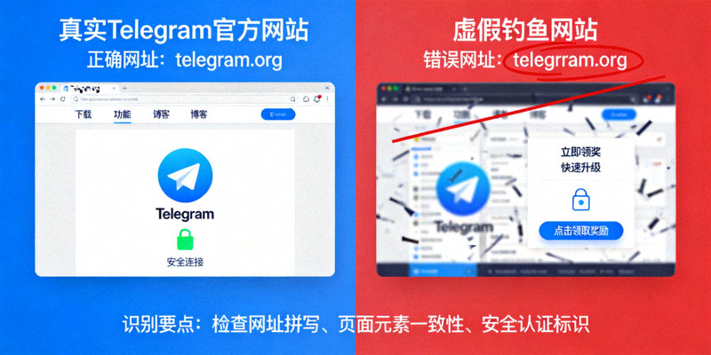 对比真实Telegram官方网站与虚假钓鱼网站在网址和页面设计上的区别示意图