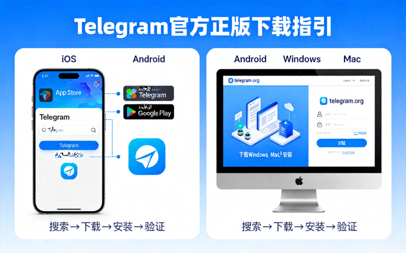 各平台下载Telegram官方正版的指引图，并列展示手机和电脑的操作界面