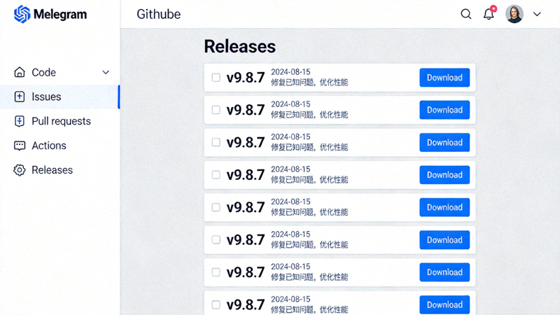 Telegram官方GitHub仓库发布页面的截图，显示可供下载的各个版本