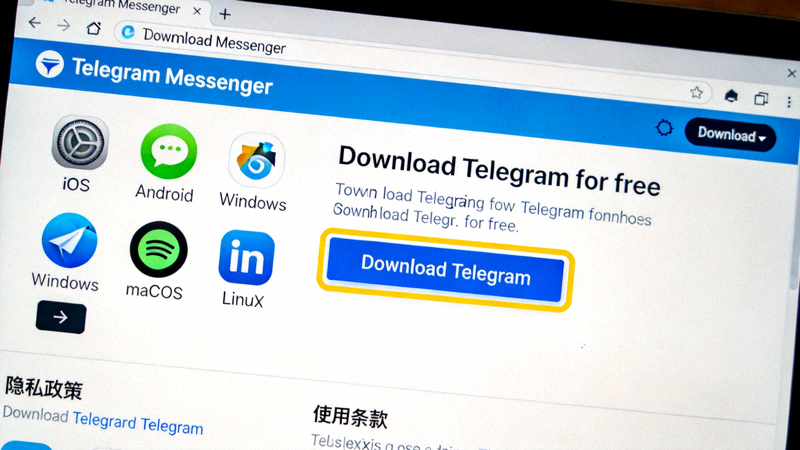 Telegram官方网站下载页面截图，高亮显示正确的官方下载按钮位置