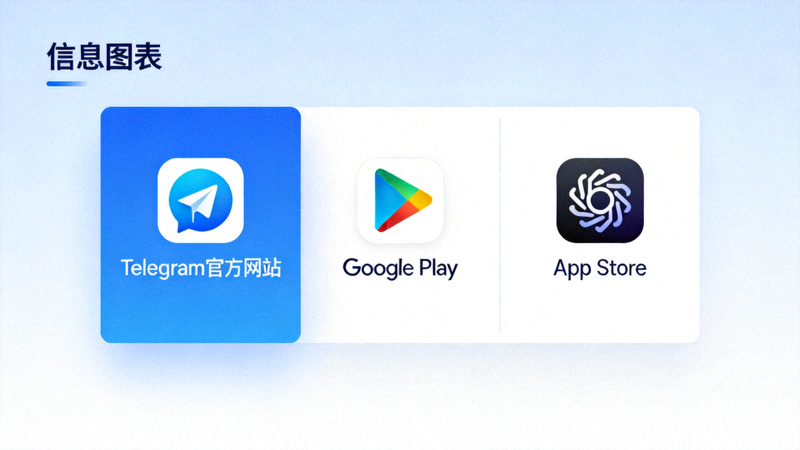 Telegram官方下载源示意图，并列显示官方网站、Google Play和App Store的标识