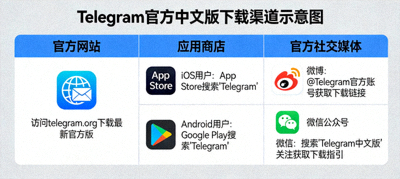 Telegram官方中文版下载渠道示意图，展示多个可信来源