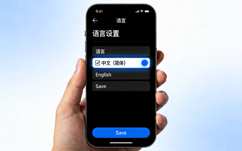 Telegram应用内语言设置界面截图，展示如何将界面语言切换为中文