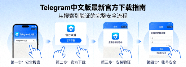 Telegram中文版最新官方下载指南图解，展示从搜索到验证的完整安全流程