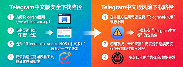 通过官方途径安全下载Telegram中文版的路径示意图，对比安全路径与风险路径