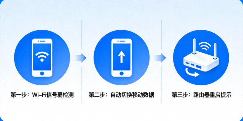 网络优化示意图，展示Wi-Fi与移动数据切换、路由器重启的图标化流程