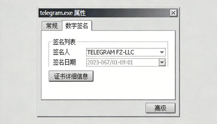 Windows系统下查看Telegram安装文件数字签名属性的对话框截图