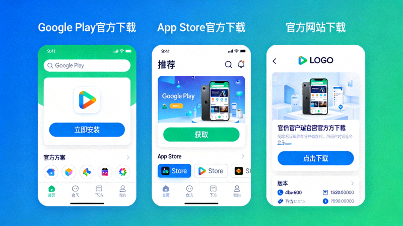 展示各平台官方下载渠道的示意图，包括Google Play、App Store和官方网站的界面